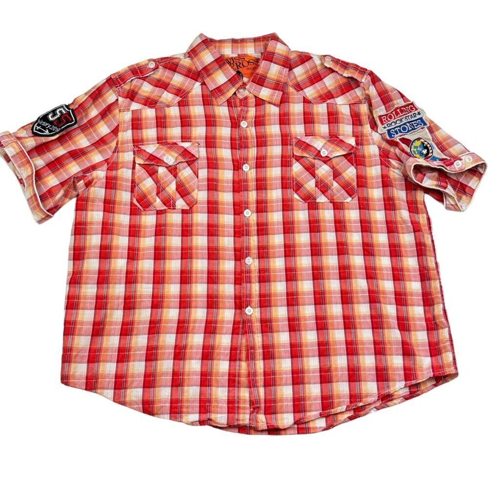 Swiss Cross Short Sleeve Button Shirt With Rolling Stones Patch Men's Size XL